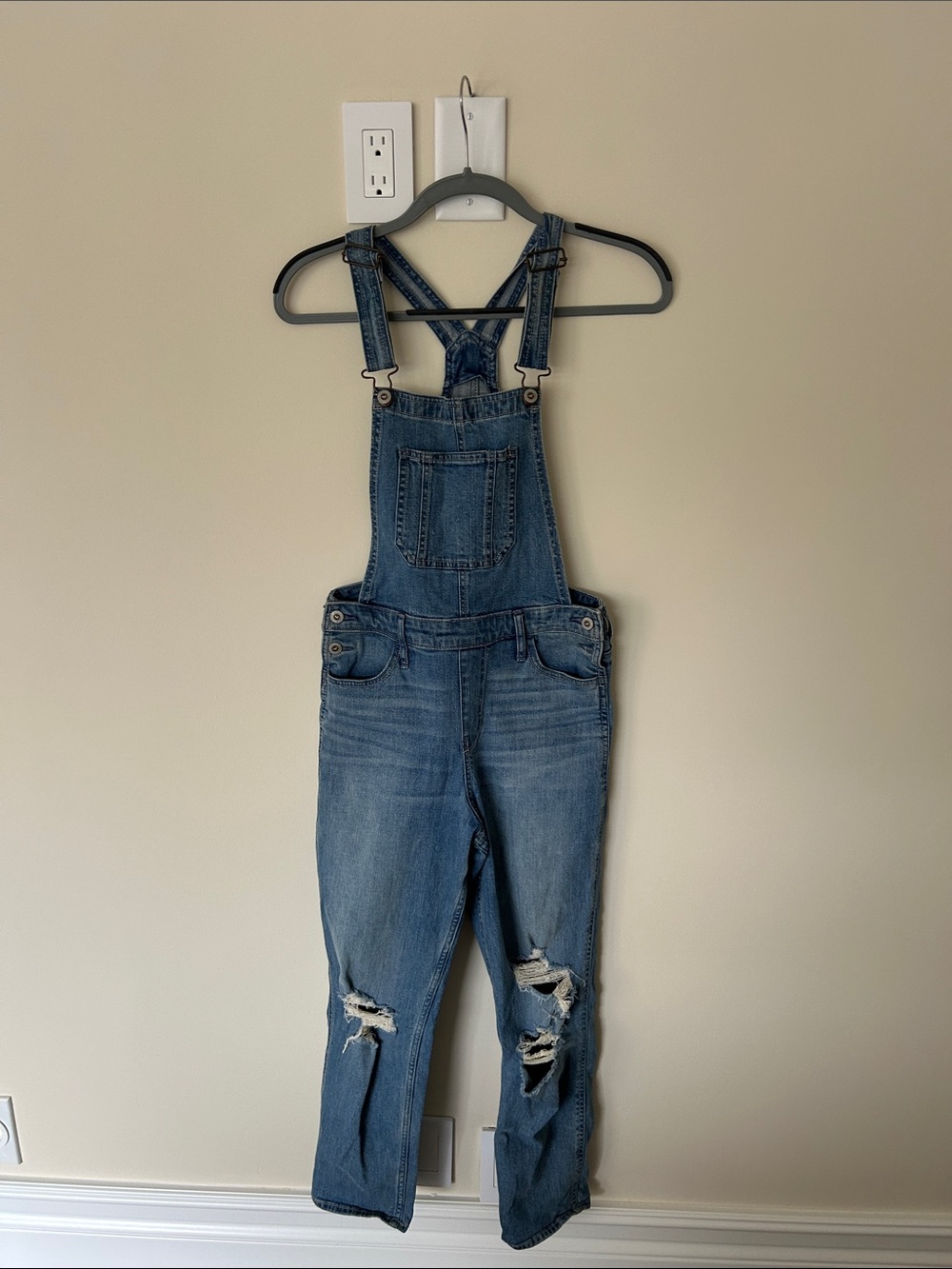 Hollister Light Blue Distressed Denim Overalls